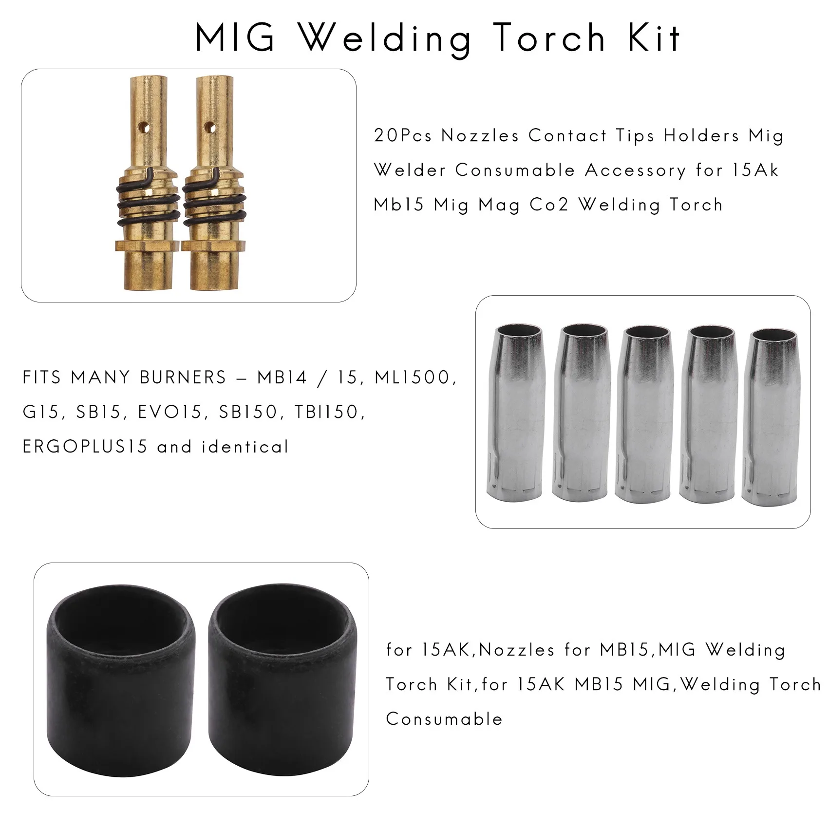 

20Pcs Nozzles Contact Tips Holders Mig Welder Consumable Accessory for 15Ak Mb15 Mig Mag Co2 Welding Torch