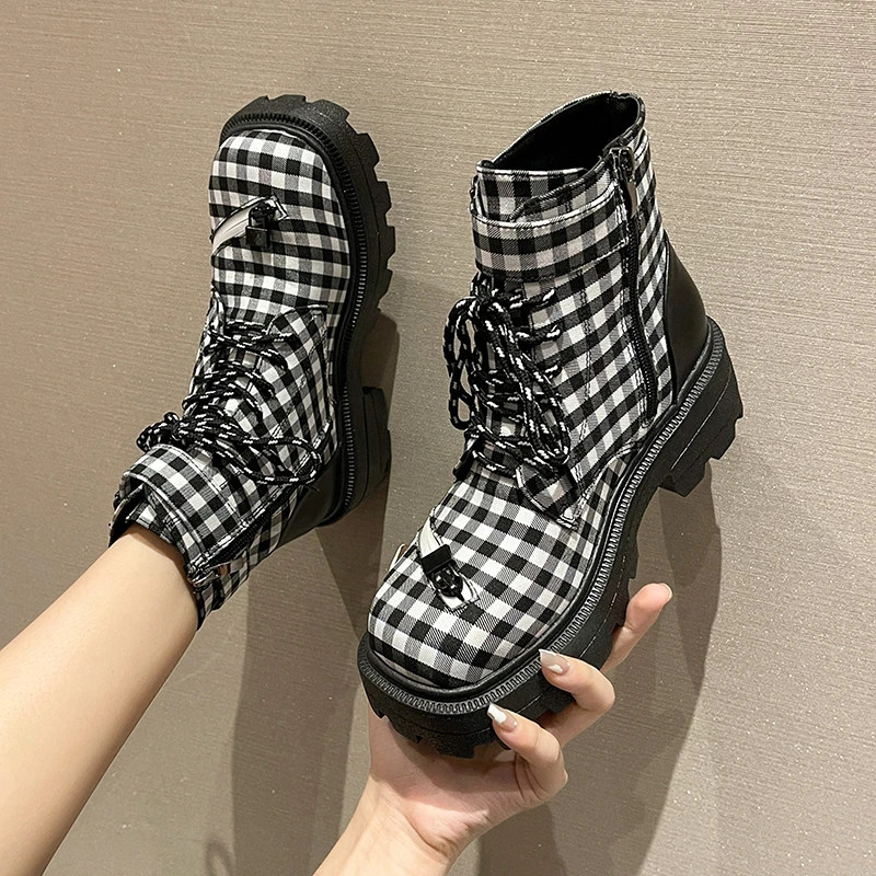 2021 Winter Fashion Women's Boots Lace-up Mid-heel Round Toe Women's Boots Plaid Square Heels Fashion Women's Shoes Botas Muje