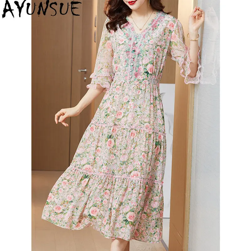 100% Mulberry Silk Dresses for Women 2023 V-neck Long Dress Summer Print Elegant Dresses Woman Clothing Vestidos Para Mujer LM