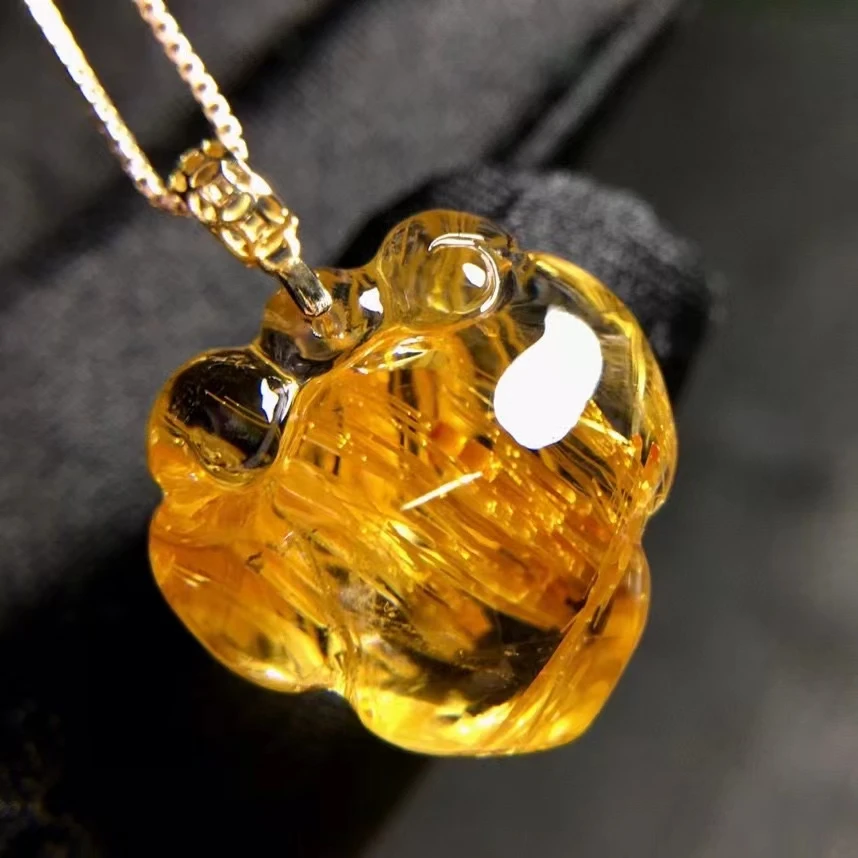 Natural Gold Rutilated Quartz Safe Lock Pendant Necklace 17.7*17.4*10mm Brazil Rutilted Water Drop W