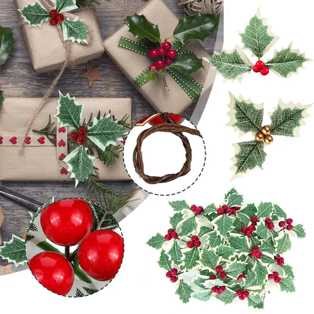 

10/20Pcs Artificial Holly Berries Green Leaves Gold Red Berries DIY Christmas Wreath Decor For Home Xmas Tree New Year Gift K7P1