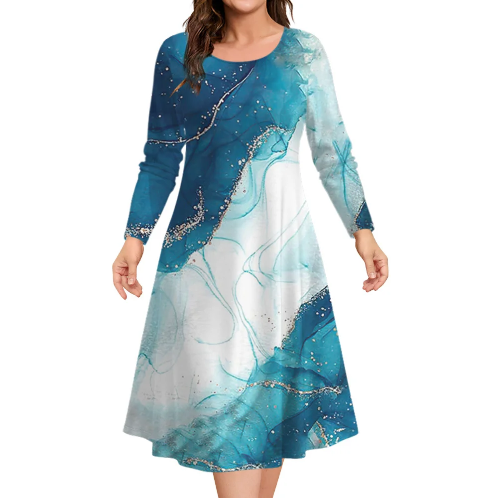 

Женское платье с текстурированным принтом, платье с высокой талией на осень и зиму, новое платье с длинным рукавом и круглым вырезом, элеган...