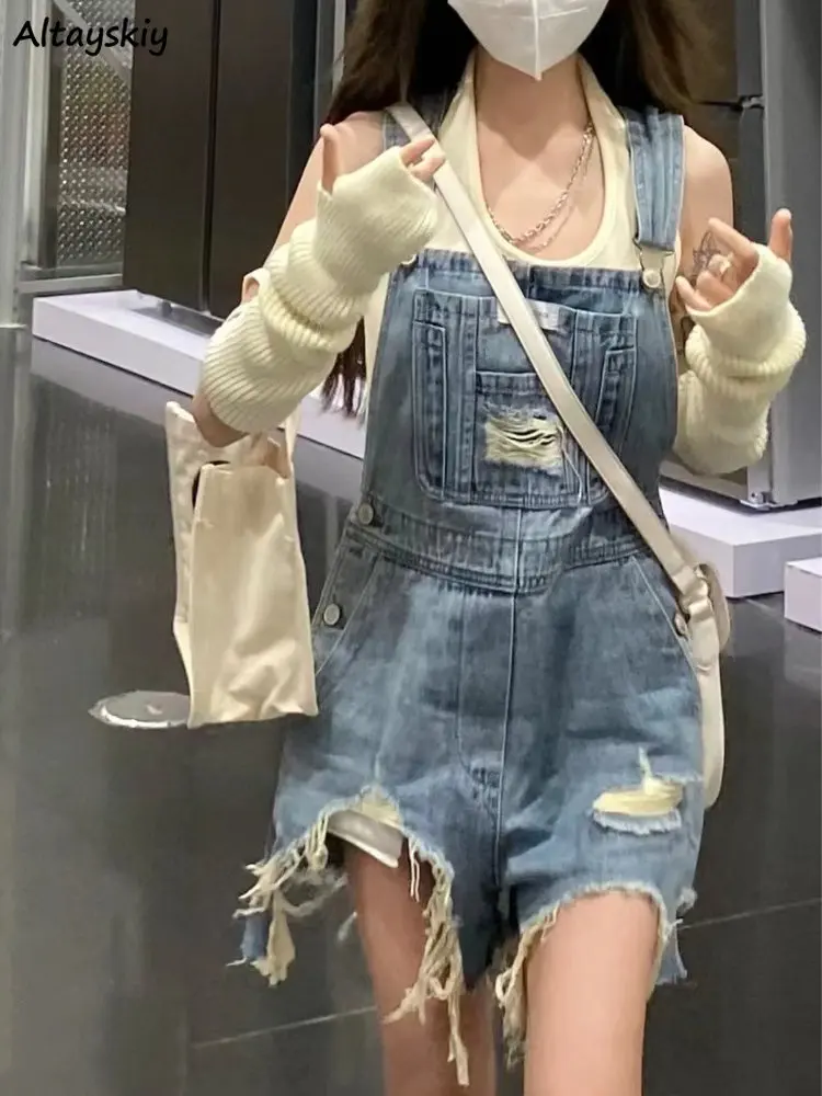 

Loose Denim Rompers Women Hole Ripped Ulzzang New Summer Students Hotsweet All-match Harajuku Chic Irregular Designed Playsuits