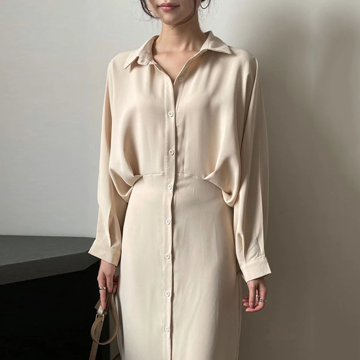 

Yeezzi Female Elegant Party Dress Original Casual Solid Color Spring and Summer Lapel Puff Long Sleeve Fitness Shirt Dress