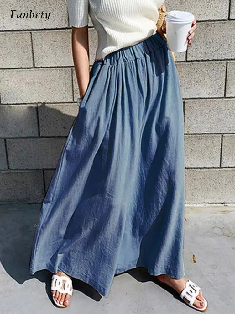 

Vintage Solid Women Casual Cotton Linen Pants Fashion Elastic Waist Pockets Wide Leg Pants Office Lady Elegant Simple Trousers