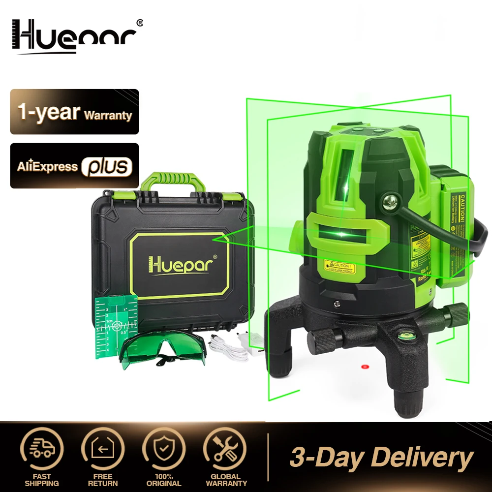 

Huepar Green Beam Multi-Line Laser Level Four Vertical & One Horizontal Lines with Down Plumb Dot Self-leveling Cross Line Tools