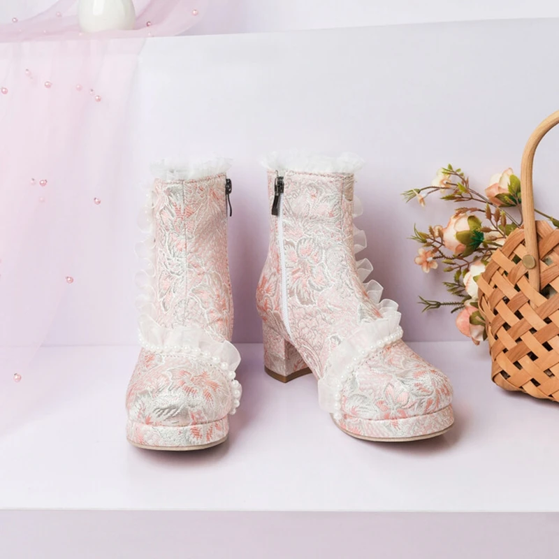 Женские ботильоны с вышивкой и жемчугом 5 см 45 46 47 48 US17