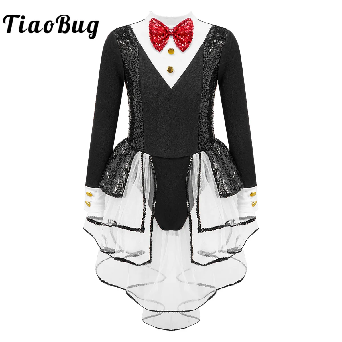 

Kids Girls Circus Ringmaster Cosplay Dress Sequins Long Sleeves Bow Tie Tuxedo Gymnastics Leotard Cosplay Dress Up Costume