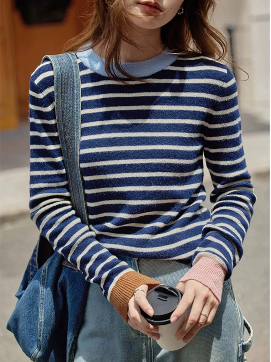 Ретро контрастного цвета в полоску с круглым вырезом вязаный топ длинными