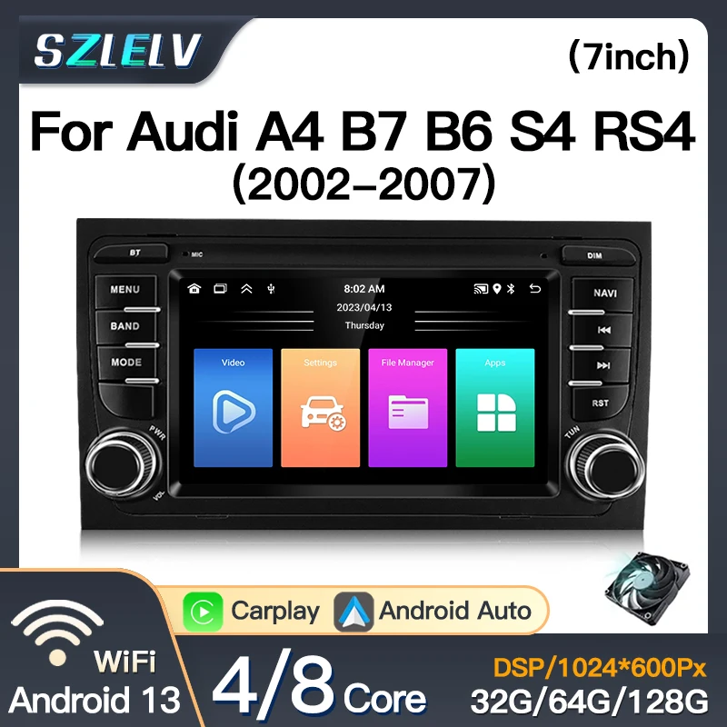 Для Audi A4 B7 B6 S4 RS4 2002-2007 Android 13 Автомобильный мультимедийный радиоплеер Wireles CarPlay AUTO BT