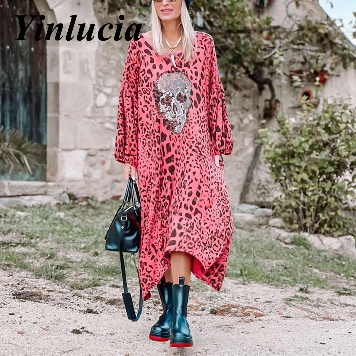 

2022 Dresses For Women Summer Pink Skull Leopard Printed Vintage Loose Dress Big Hem Dress Casual Beach Holiday Cool Casual