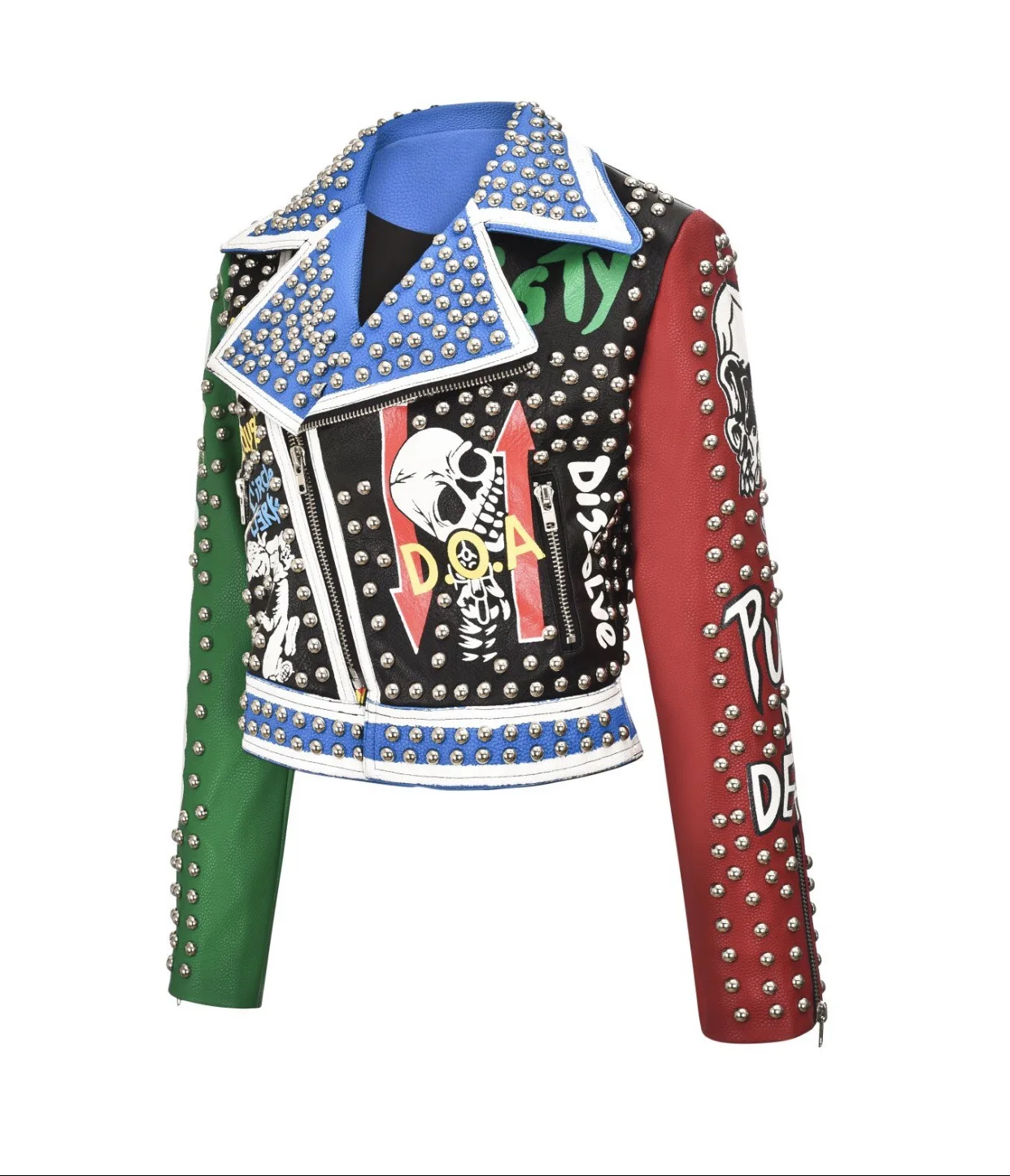 Ladies spring and autumn new hot-selling street fashion letter graffiti hit color rivet punk leather jacket women's jacket