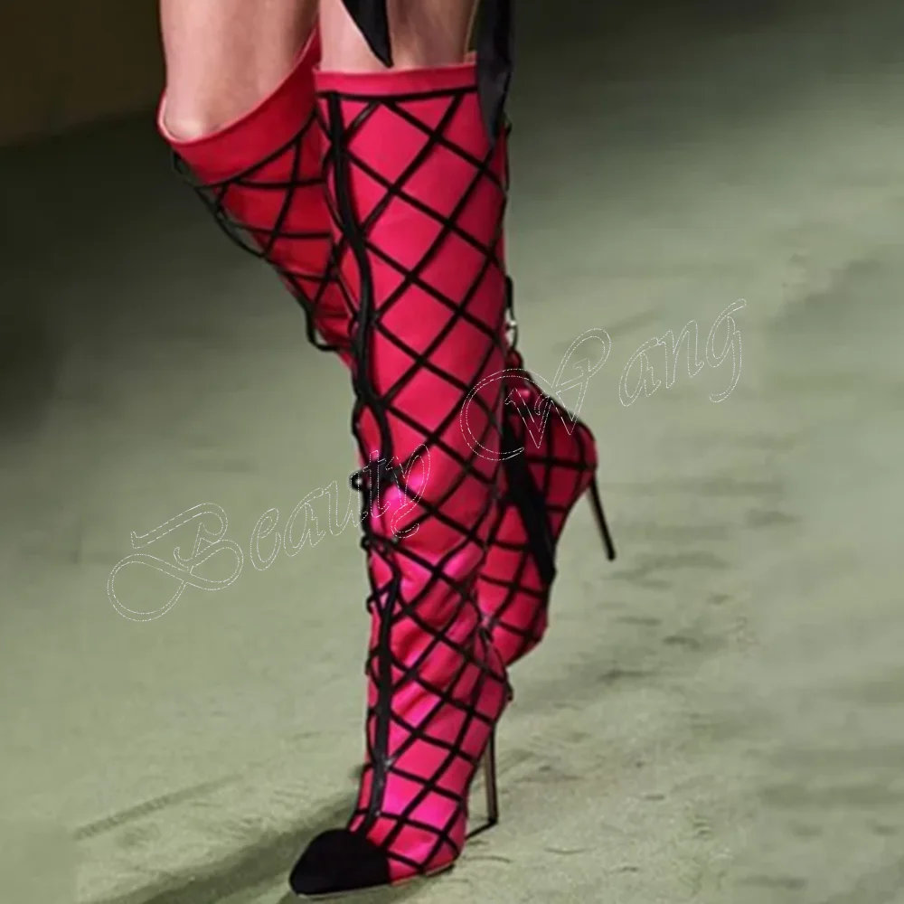 

Black and Red Mesh Boots Hollow Knee High Pointed Toe Stilettos Heel Shoes for Women High Heel Fashion Black Zapatillas Mujer