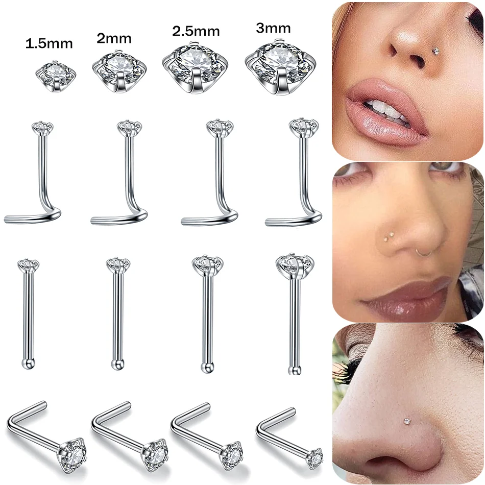 1.5/2/2.5/3mm Bone Nose Stud Piercing Nostril Piercings CZ Piercing Nose Stud for Women Nose Ring Prong Zircon Nose Jewelry