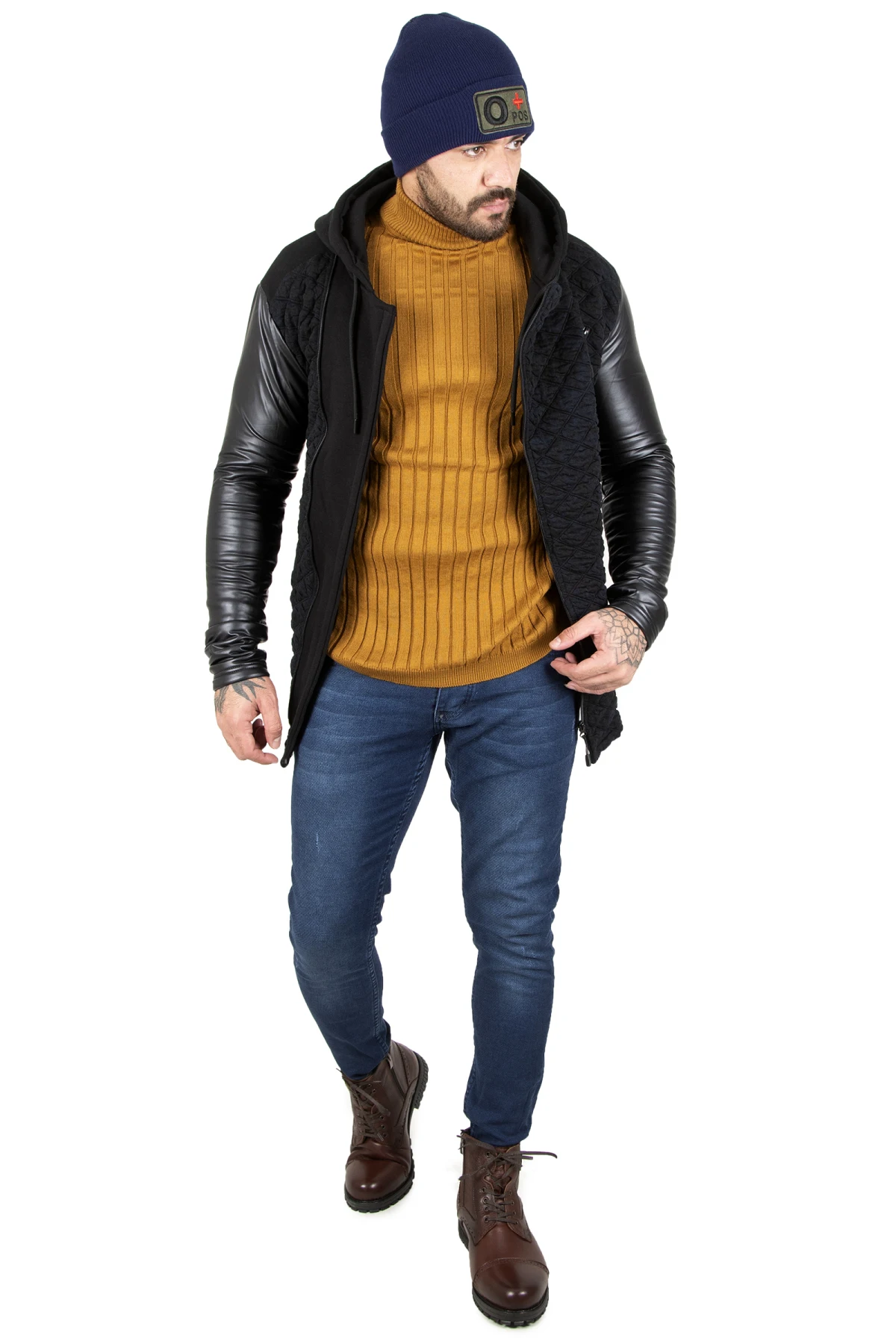 DeepSEA Male Hooded Faux Leather Coats Slim Fit Pattern Cross Zipper Autumn Winter High Quality Casual 2210076