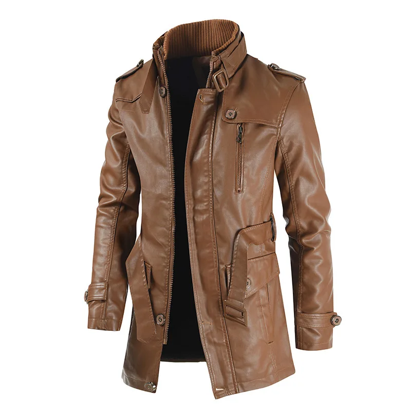 

2022 Men's Leather Coat Autumn and Winter 2022 New Style Stand Collar Plush Medium Long Leather Coat Men's Loose Large Top Men
