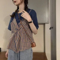 t shirts womens summer plaid fake two piece patchwork pleated short sleeve bow back irregular special sweet girlish chic new hot