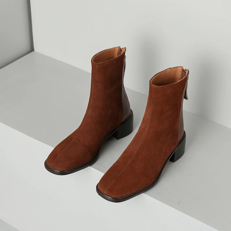 MythLuo Pumps Ankle Boots For Women Chunky Heels Boots Cow Suede Square Toe Mid Heels Back ZIP Office Ladies Casual Shoes Retro