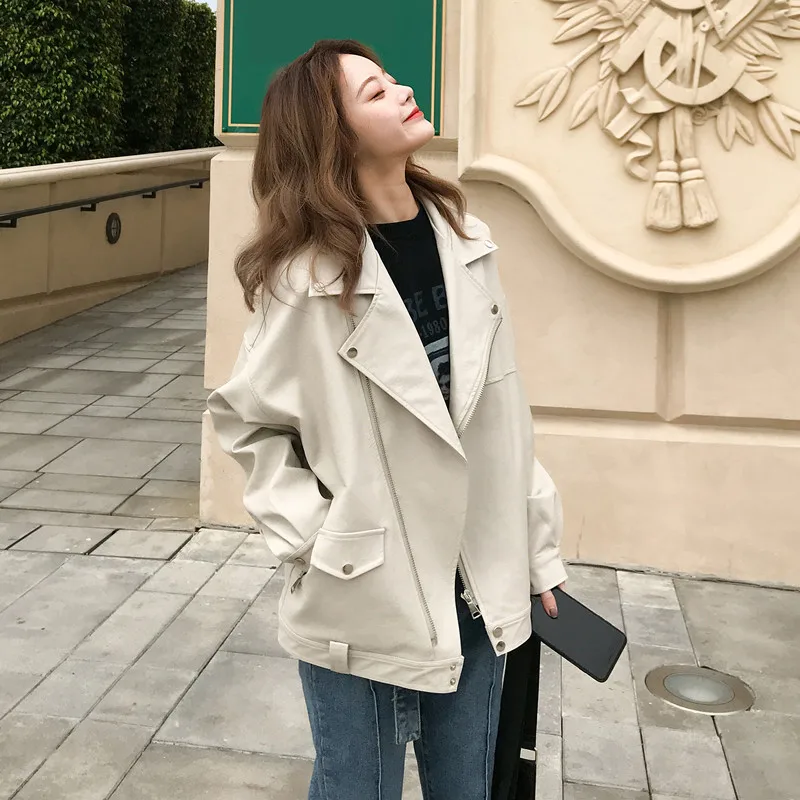 Women's Leather Winter  Velvet Padded Loose Women's Leather Jacket Short Coat Light Green  Zippers Loose Zip Leather Jackets