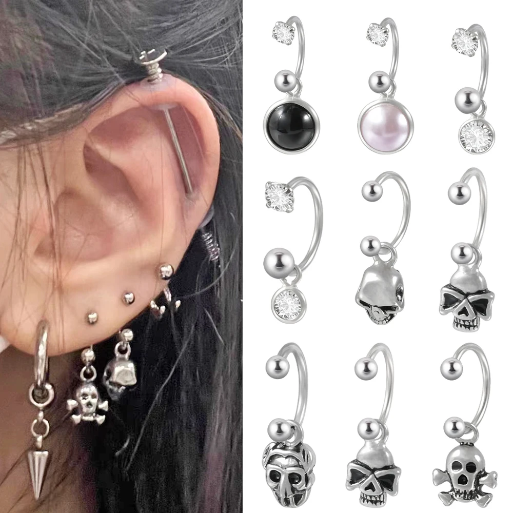 1PC Хирургическая Сталь Панк Череп Dangle Подкова Barbell Dangle Кулон Ухо Tragus Cartilalge Мочка Пирсинг Ювелирные Изделия Серьги