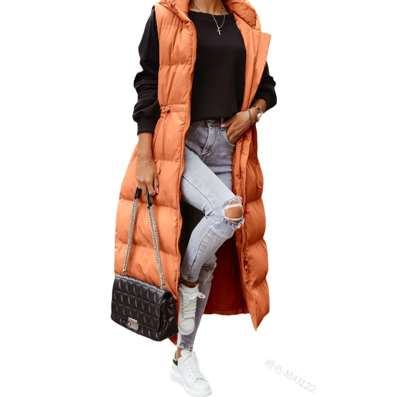 

2023 Winter New Women's Clothing Solid Color Hooded Long Cotton Jacket Waist Vest Casual Single-Breasted Sleeveless Jacket