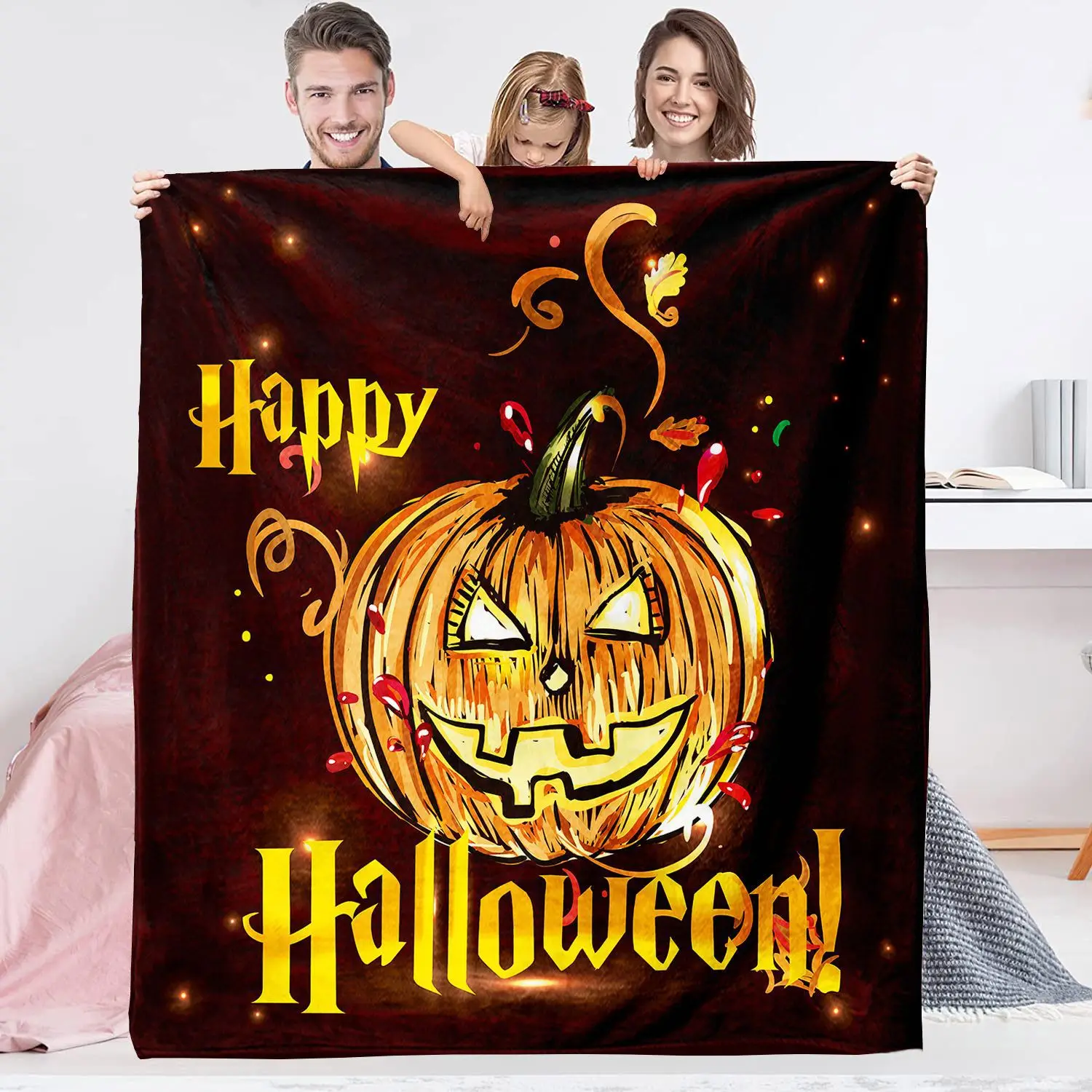 

Happy Halloween Pumpkin Bat Blanket Fluffy Soft Flannel Printed Blankets Home Decor Winter Warm Throw Blanket for Sofa Bedspread