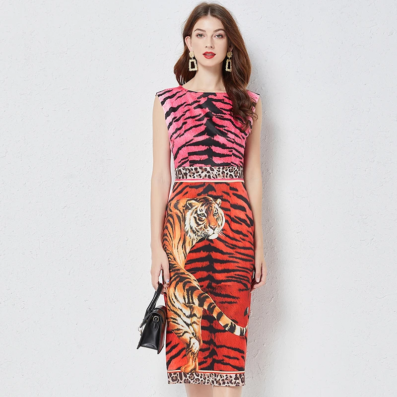 

Женское модельное платье без рукавов, винтажное праздничное платье во французском стиле с леопардовым принтом тигра и высокой талией, платье в стиле пэчворк, лето
