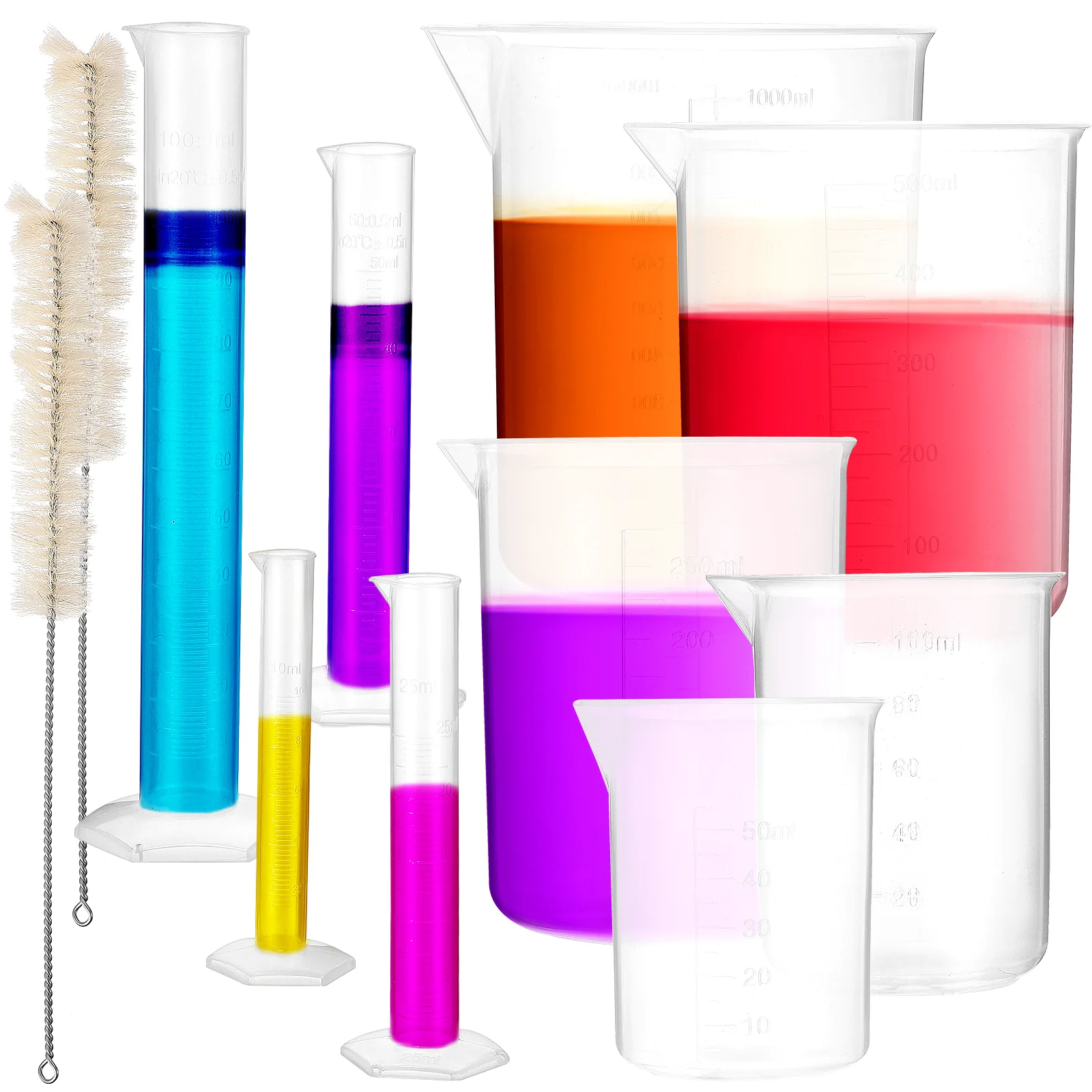

13Pcs Plastic Graduated Cylinders Beakers Set with Tube Brushes Measuring Tools for Lab Experiment