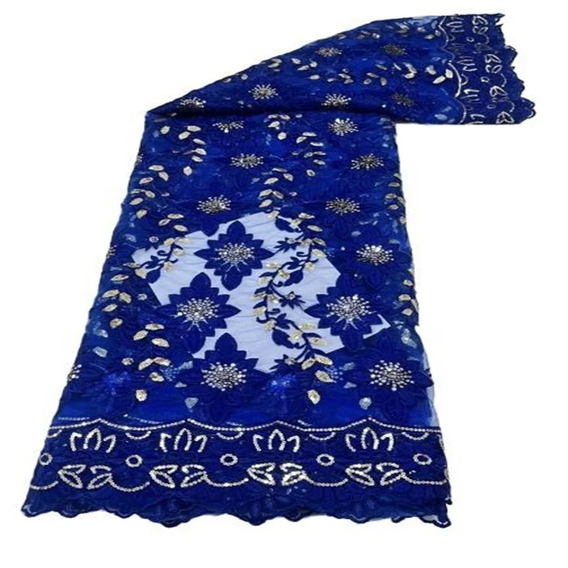 

Ткань в африканском стиле кружевная ткань с блестками 5 ярдов, нигерийская французская ярко-синяя/Золотая кружевная ткань с блестками для с...