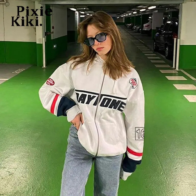 

PixieKiki Y2k с капюшоном на молнии, Байкерская уличная одежда в стиле 90-х годов, куртка с надписью, пальто 2023, модные графические свитшоты