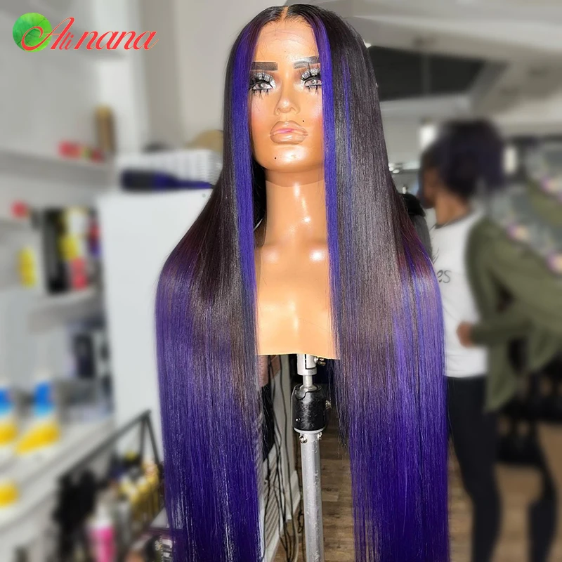 

Alinana 13x6 Ombre Purple Straight Lace Front Wigs Brazilian Ombre Blue Pre-Plucked Transparent Lace Human Hair Wigs For Women