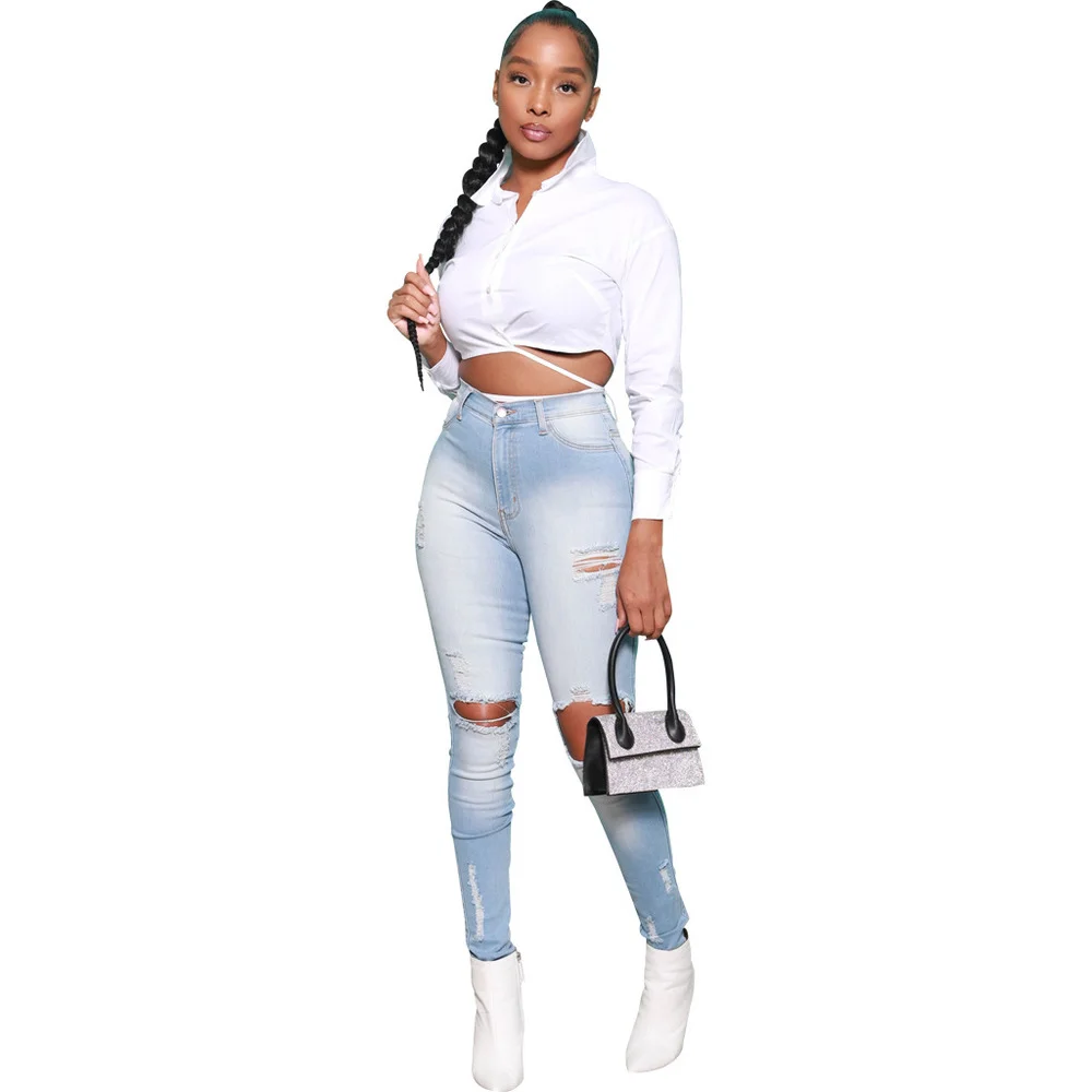 

2022 Latest Fashion Women Ripped Skinny Elasticity Jeans High Waist Pencil Bottom Cowgirl Denim Jean Pants