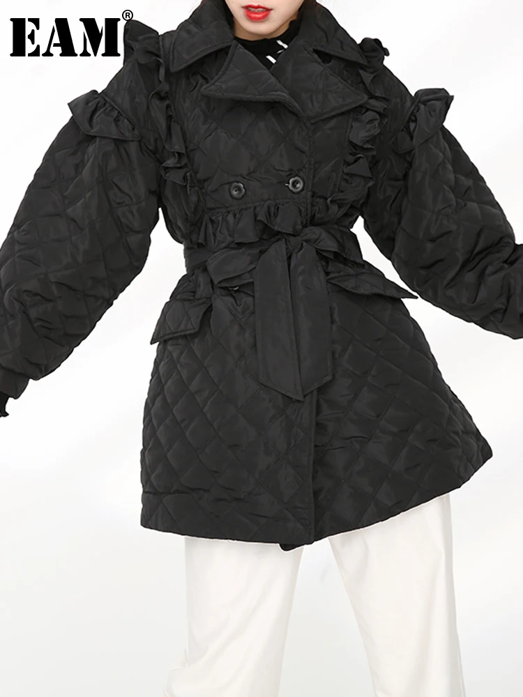 

[EAM] Black Ruffles Bandage Cotton-padded Coat Long Sleeve Loose Fit Women Parkas Fashion Tide New Autumn Winter 2022 1DD216101
