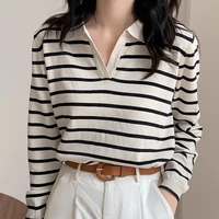 2022 new spring autumn striped women tshirt apricot polo collar long sleeve top casual t shirts korea fashion tee shirt femme