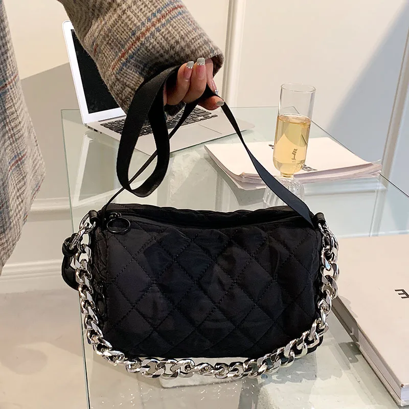 

Women Shoulder Bags 2022 Oxford Handbags Female Shoppers Purses Fashion Casual Black Diamond Lattice Big Thick Chain Boston Bags