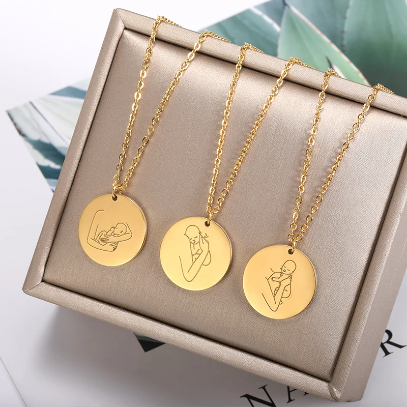 

Round Stainless Steel Engraved Mother Hug Baby Pendant Necklace For Women Jewelry Meaningful Gratitude Gifts For Mom Grandmother