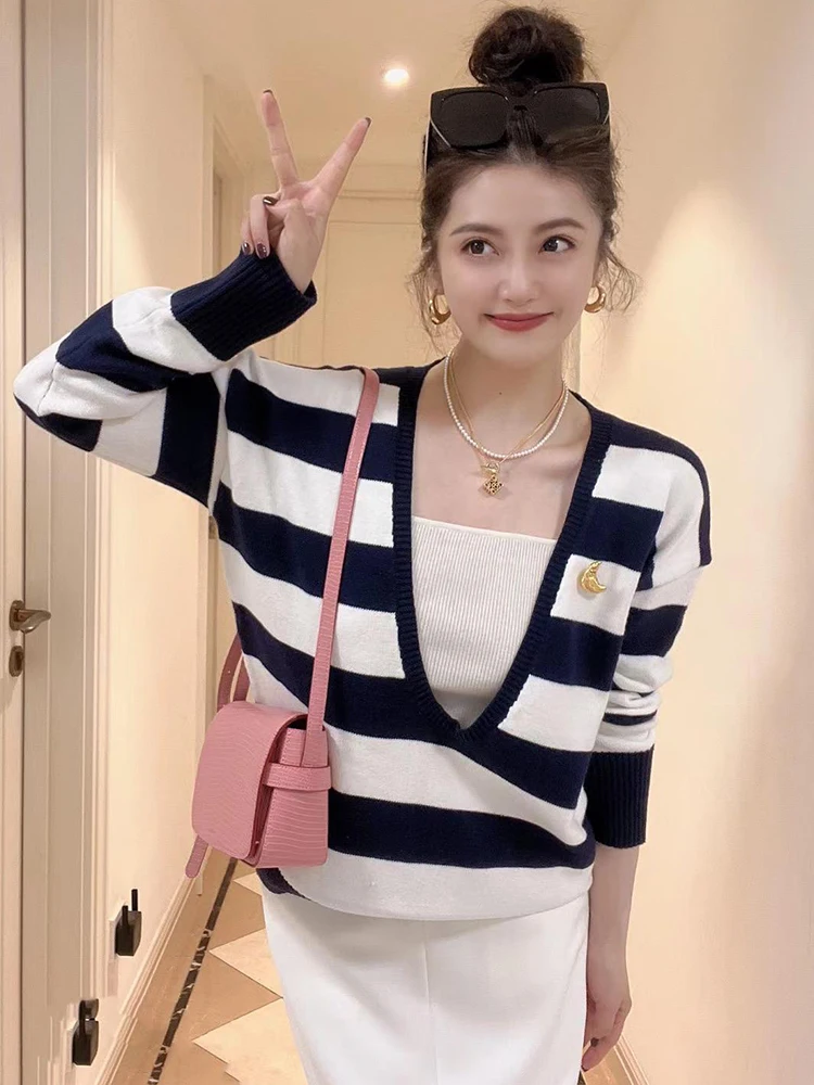 Плюс размер корейский Sle Idle контрастный цвет в полоску с длинными рукавами