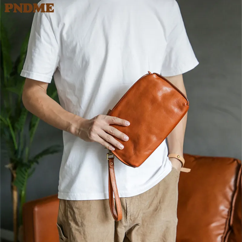 PNDME simple luxury genuine leather men's clutch bag business travel outdoor fashion daily first layer cowhide phone wallet