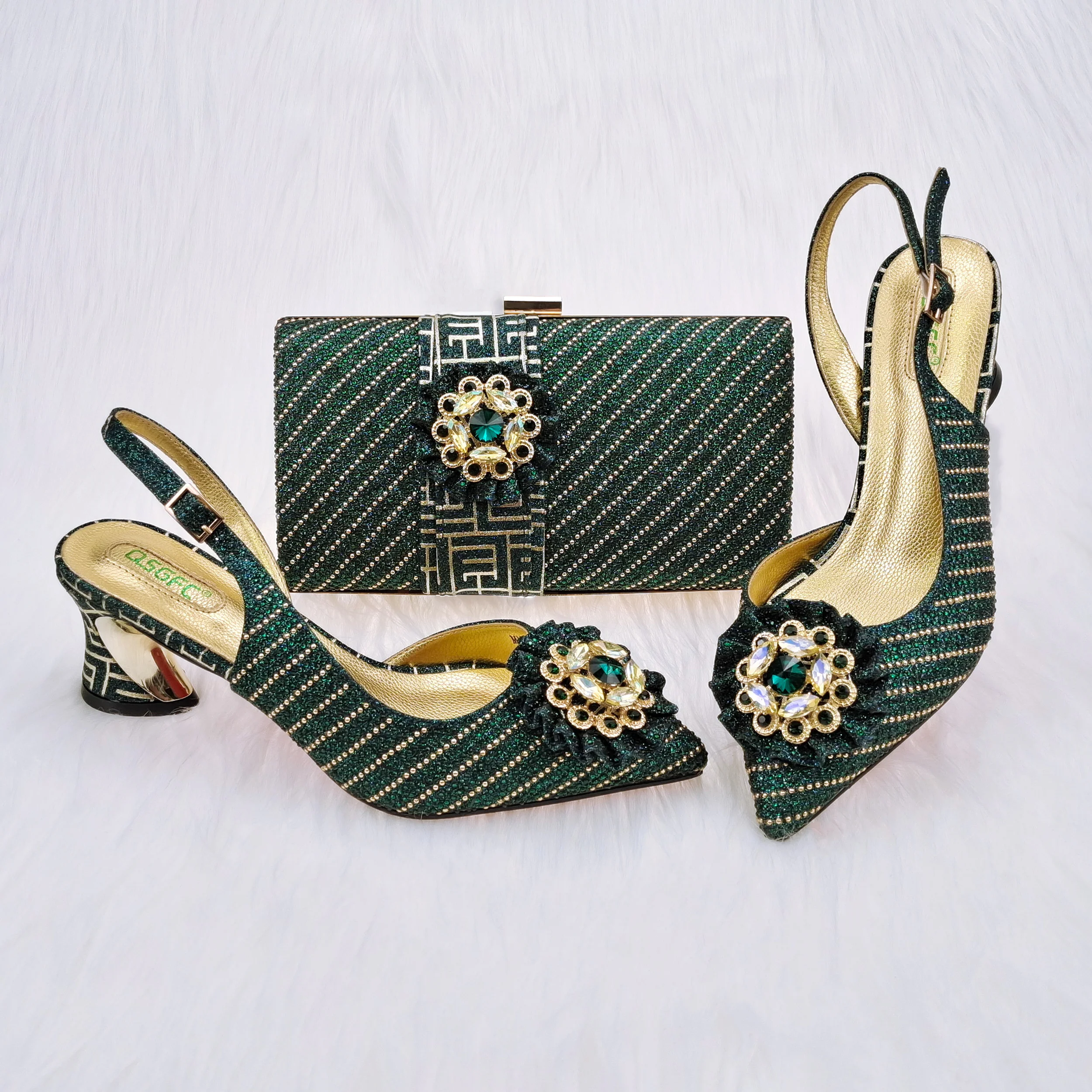

QSGFC2023 Latest Italian Design Green Comfortable Luxury Pointed High Heel Sandals Party Wedding Banquet Women's Shoe Bag Set