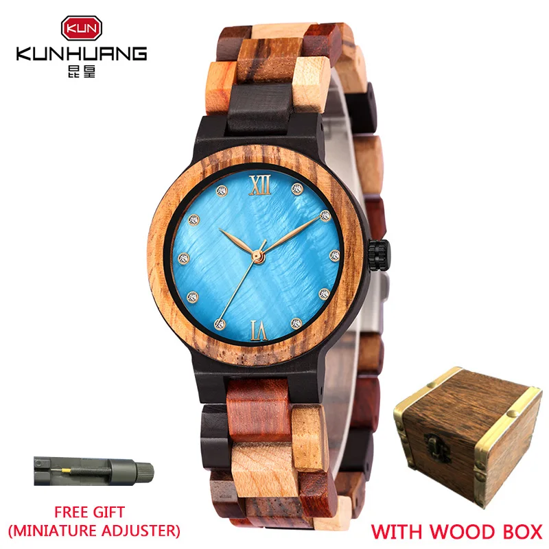 

Kunhuang New Fashion Casual Ladies Wood Watch Wooden Quartz Clock Natural Wooden Watch Luxury Wood Gift Box Relógio Masculino