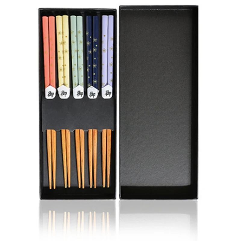 

[5 Pairs] Printed Beech Chopsticks Household Tableware Set Pointed Cooking Chopsticks Gift Box