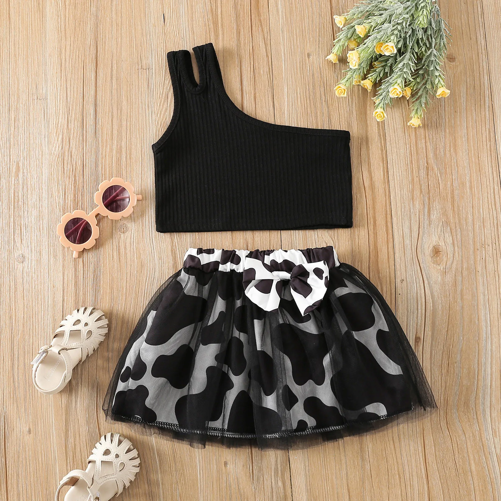

Girls Baby Summer Suit Kids Toddler Sleeveless Ribbed Vest Tops Cow Print Tulle Skirt Outfits Fashion Two Piece Set 0-6Y Clothes