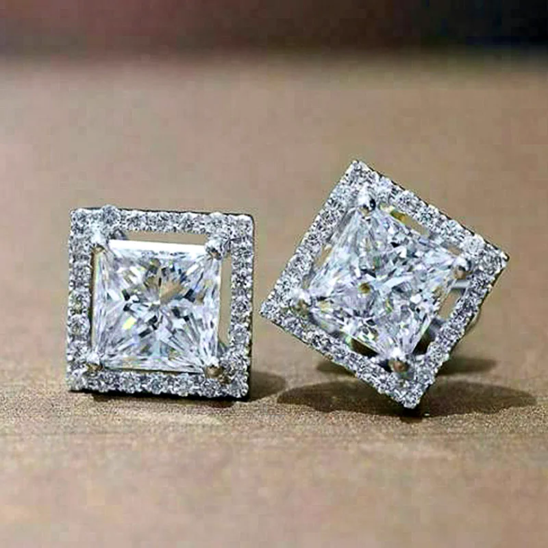 

New AAA Princess Square CZ Stud Earrings Women White Cubic Zirconia Luxury Wedding Engagement Jewelry Top Quality Accessories