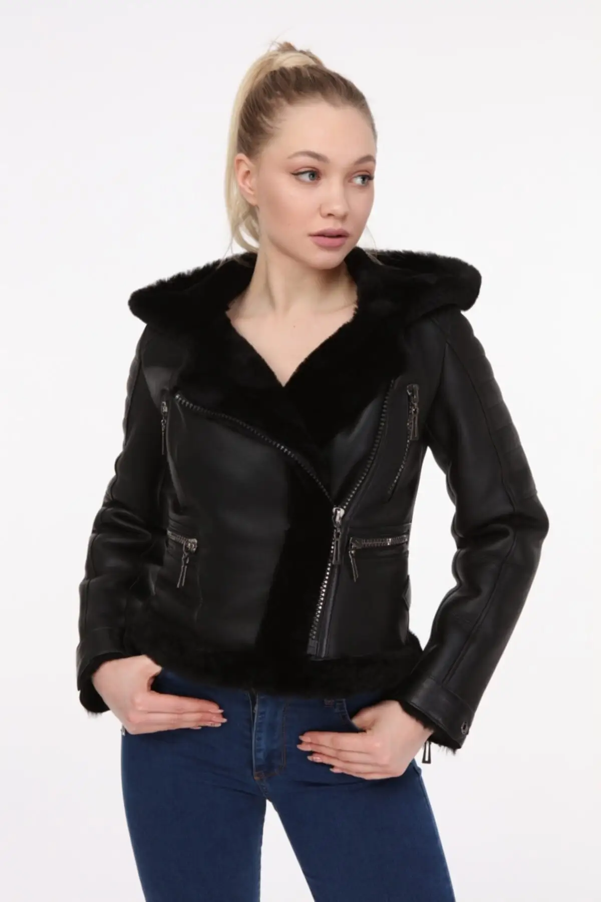 

Women's Fashion Denim Jacket Coat Leather Fur Coat