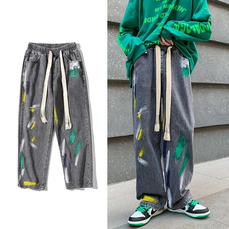 

Джинсы-граффити для мужчин и женщин, модные брюки в стиле панк/готика, повседневные штаны, уличная одежда, свободные джинсы в стиле хип-хоп, ...