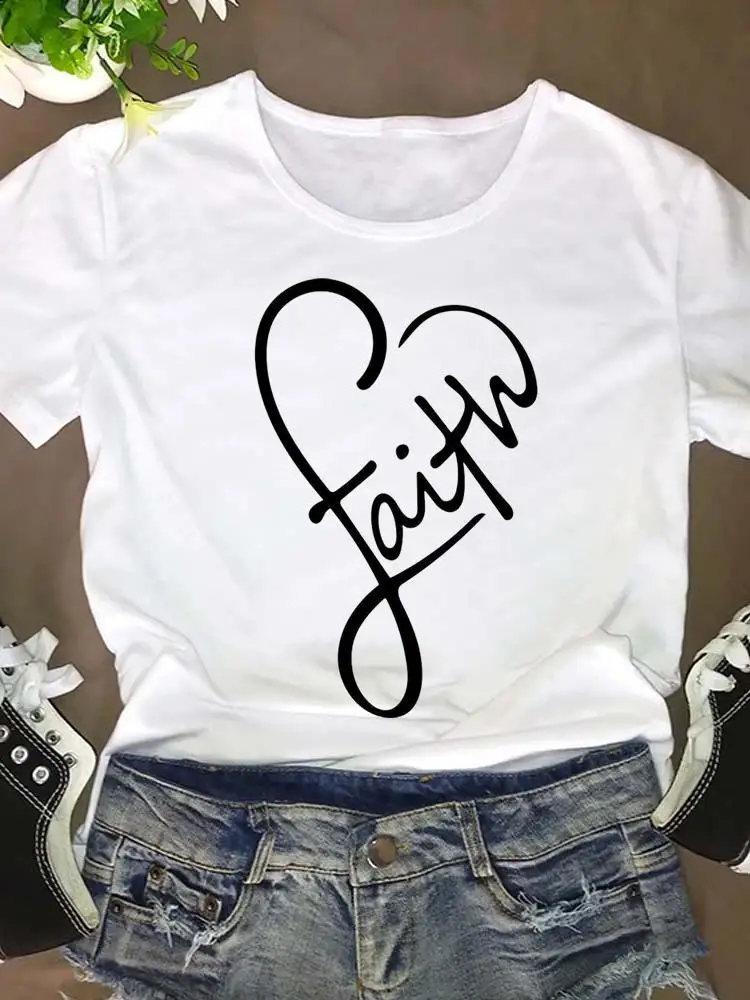 

Women Short Sleeve Summer Tee 90s Fashion Clothing Clothes Faith Cute 90s Trend Graphic T Shirt Cartoon T-shirt Female Top