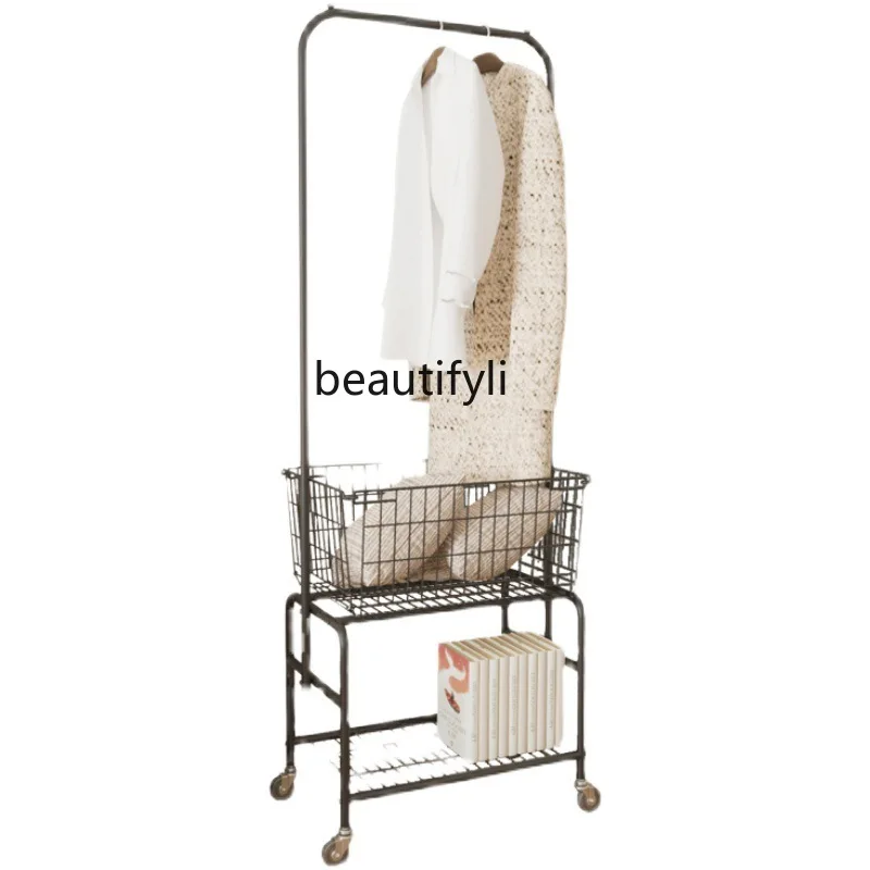 

yj Coat Rack Household Hang Drying Hanger Floor Bedroom Storage Rack Storage Rack Movable Hanger Trolley Clothes Basket