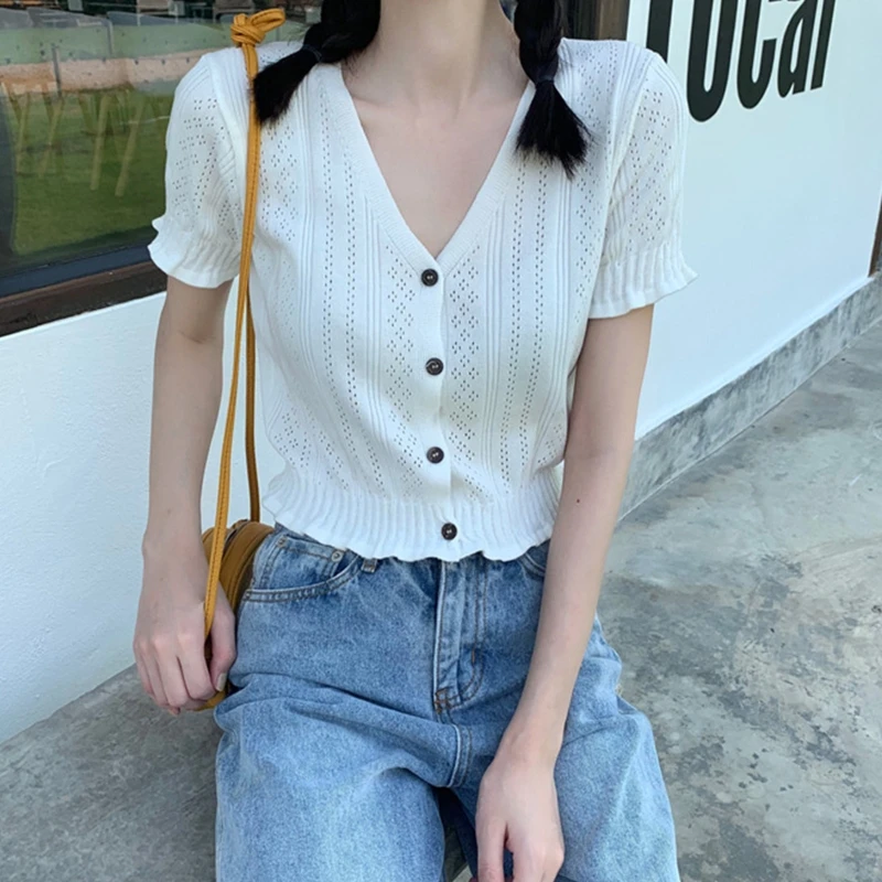 

Women T-shirt Short-sleeved V-neck Tops Hollow Out Wear Short Exposed Navel Tops