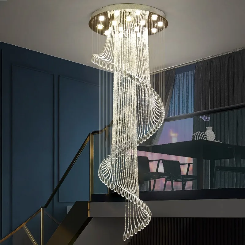 

Stair chandelier modern minimalist atmosphere villa hollow high loft rotating crystal living room duplex long chandelier