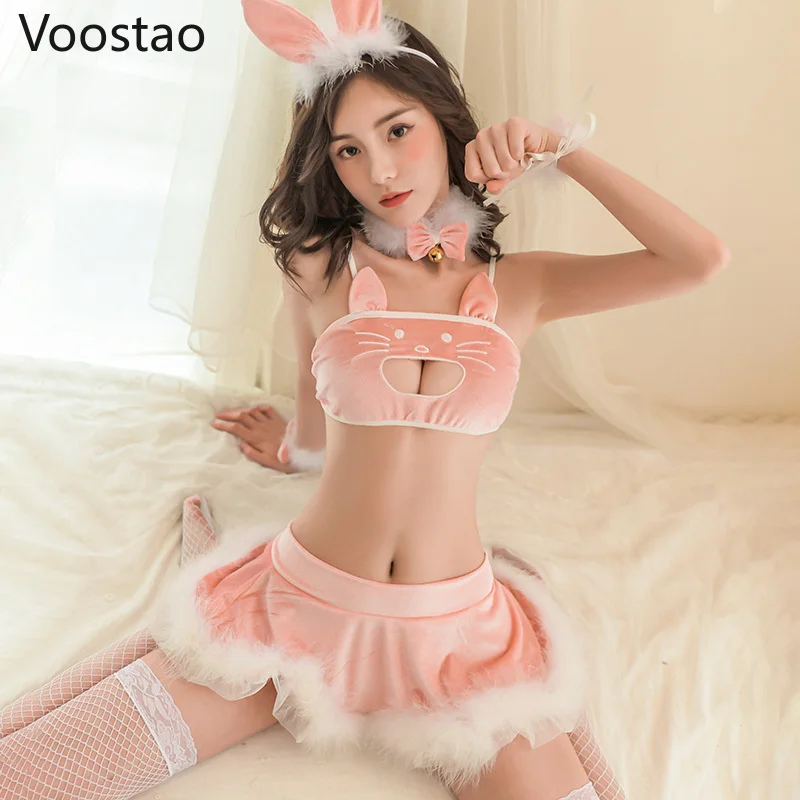 

Plush Bunny Cosplay Costumes Japanese Cute Lolita Cat Ear Sexy Skirt Outfits Girl Tops Panties Pajamas Lingerie Set Kawaii Dress